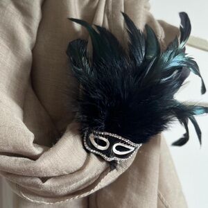 Elegant Black Feathered Mask Brooch